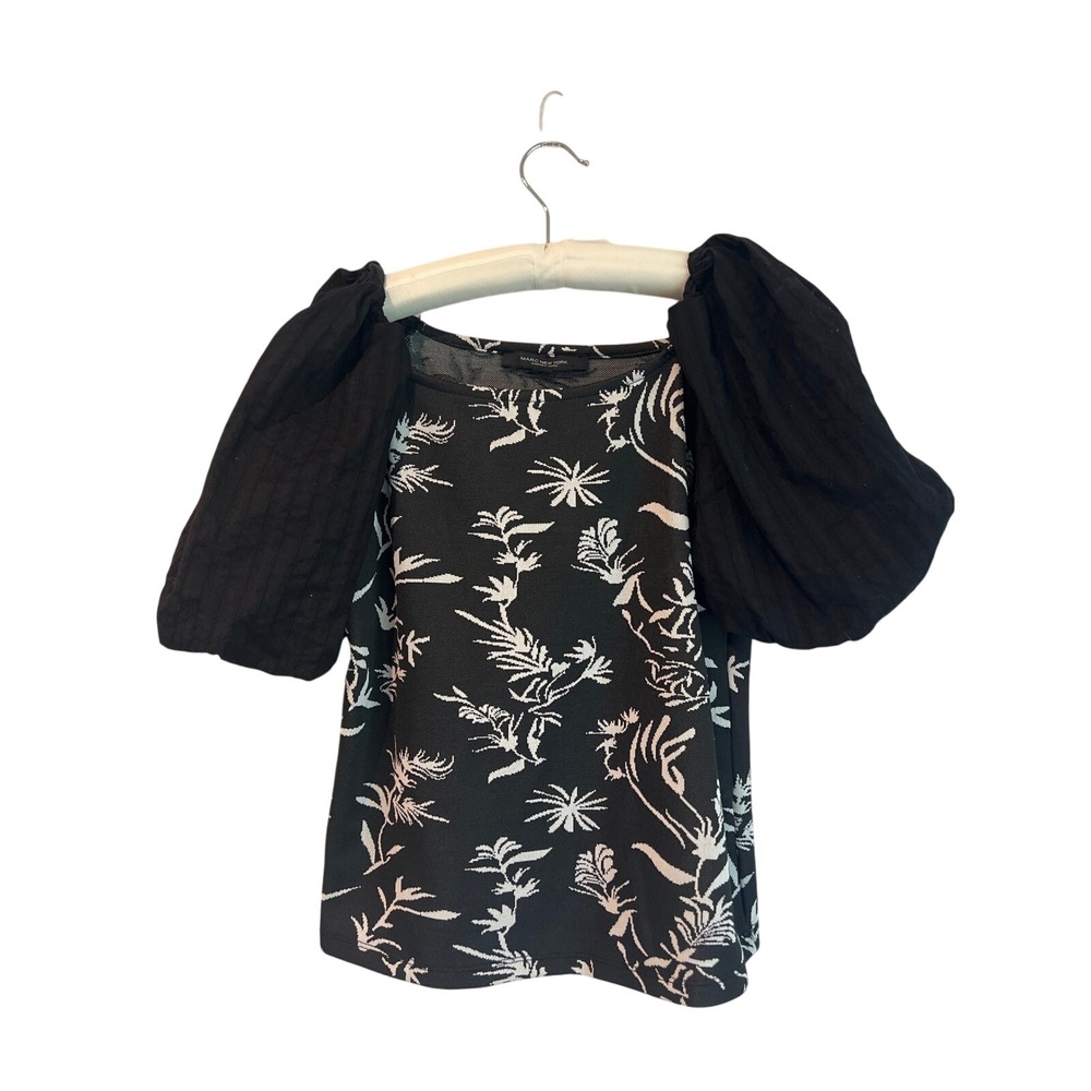 Marc New York Andrew Marc Bohemian Black White Floral Puff Sleeve Knit Top Women